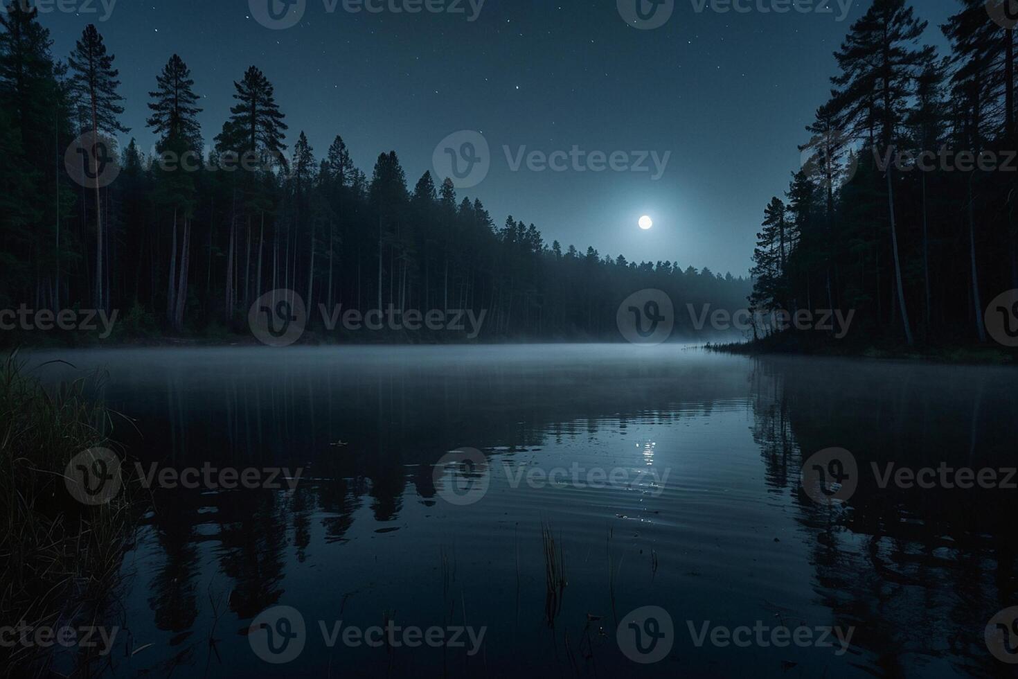 une plein lune monte plus de une Lac à nuit photo