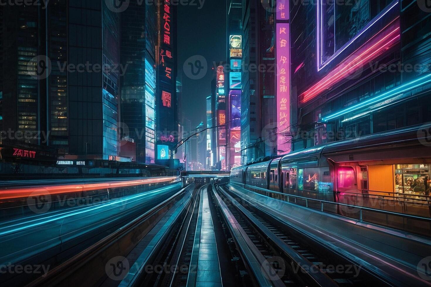 une ville rue avec une train qui passe par à nuit photo