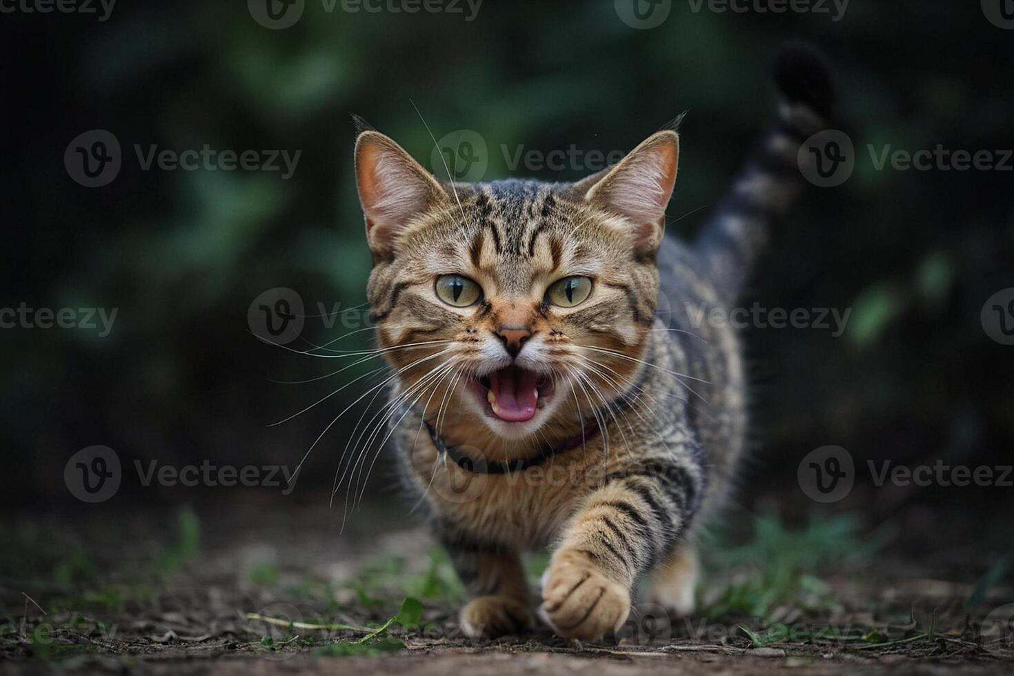 une chat en marchant sur le sol avec ses bouche ouvert photo