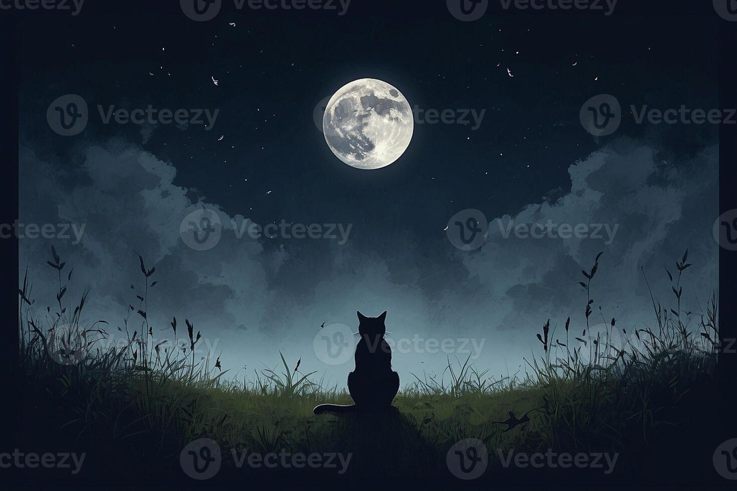 une chat séance sur une colline à la recherche à le lune photo