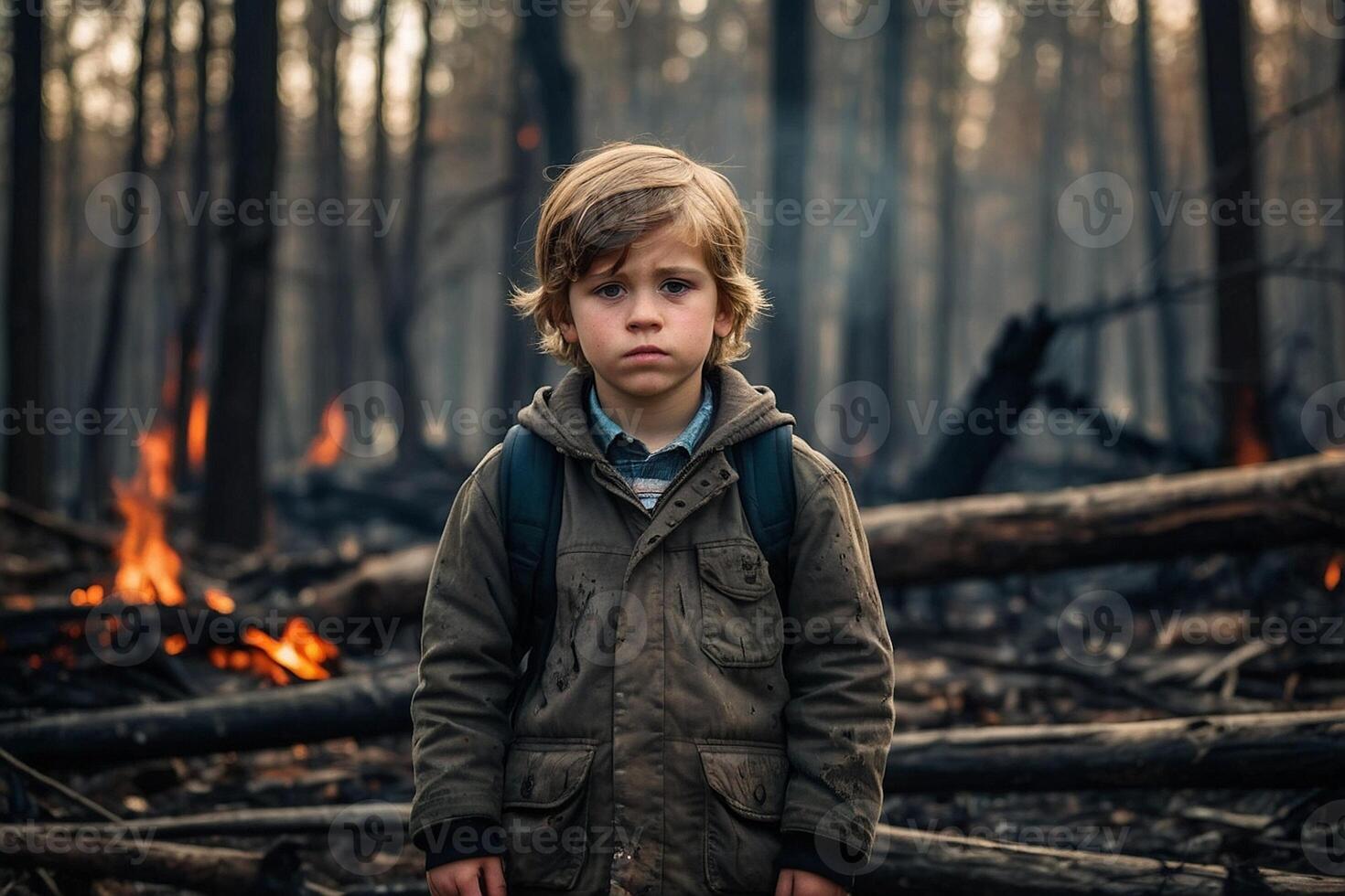 peu garçon permanent dans brûlant forêt, Naturel catastrophe concept photo