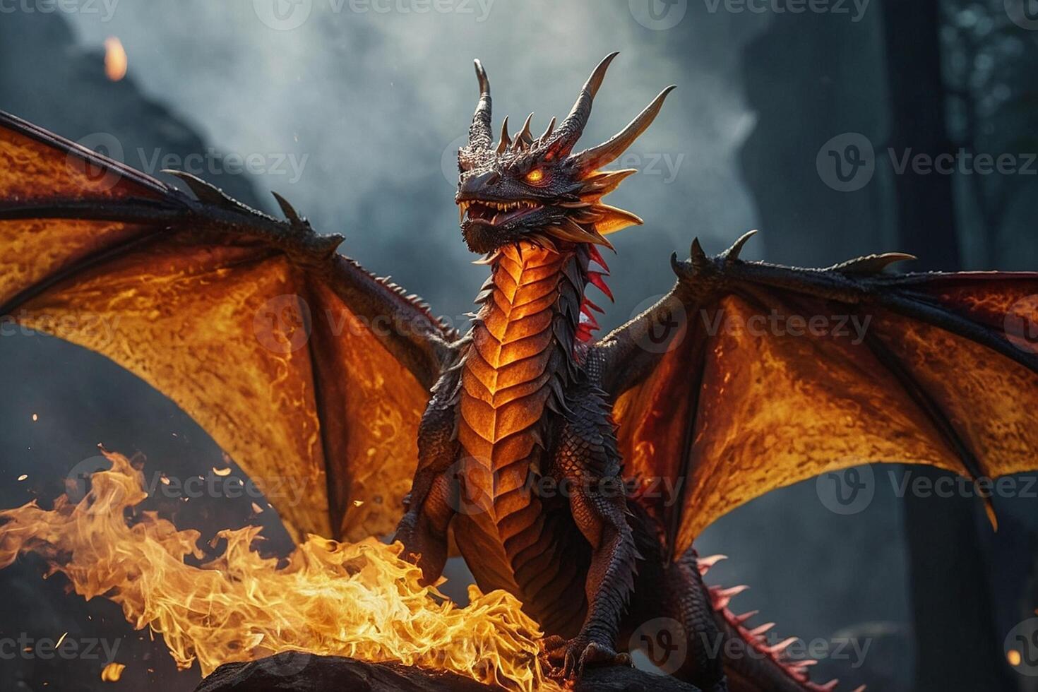 une dragon statue avec embrasé rouge yeux photo