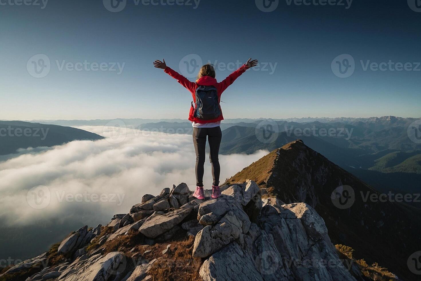 femme permanent sur Haut de Montagne avec bras tendu photo