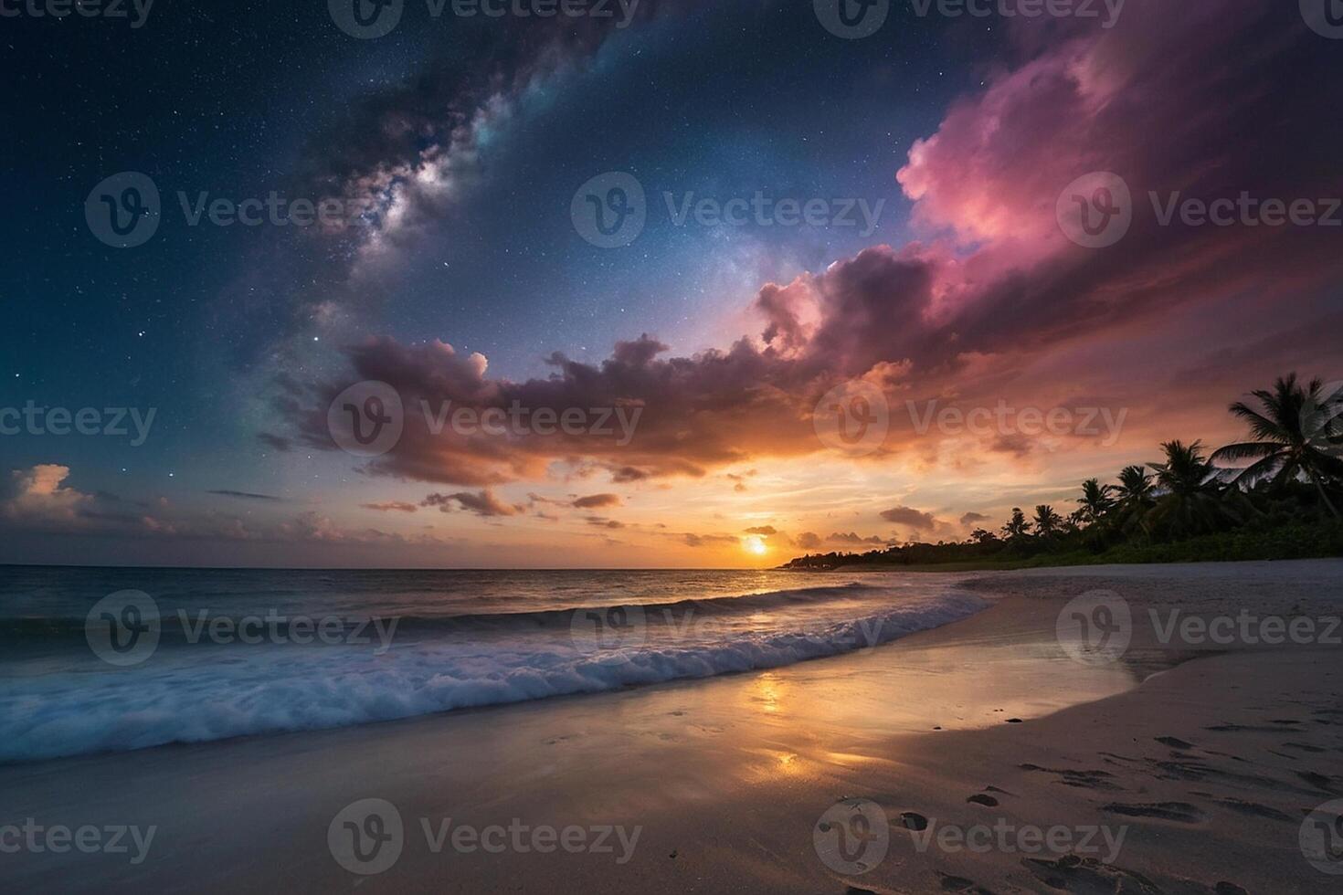 une arc en ciel plus de le océan à nuit photo