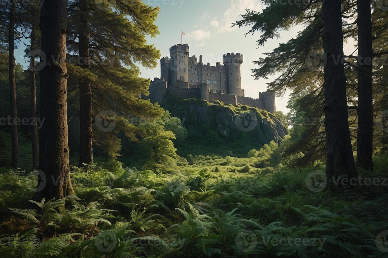 ai généré une Château est assis dans le milieu de une forêt photo