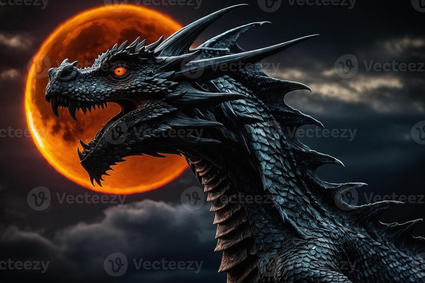 une dragon statue avec ses ailes propager en dehors dans de face de une plein lune photo