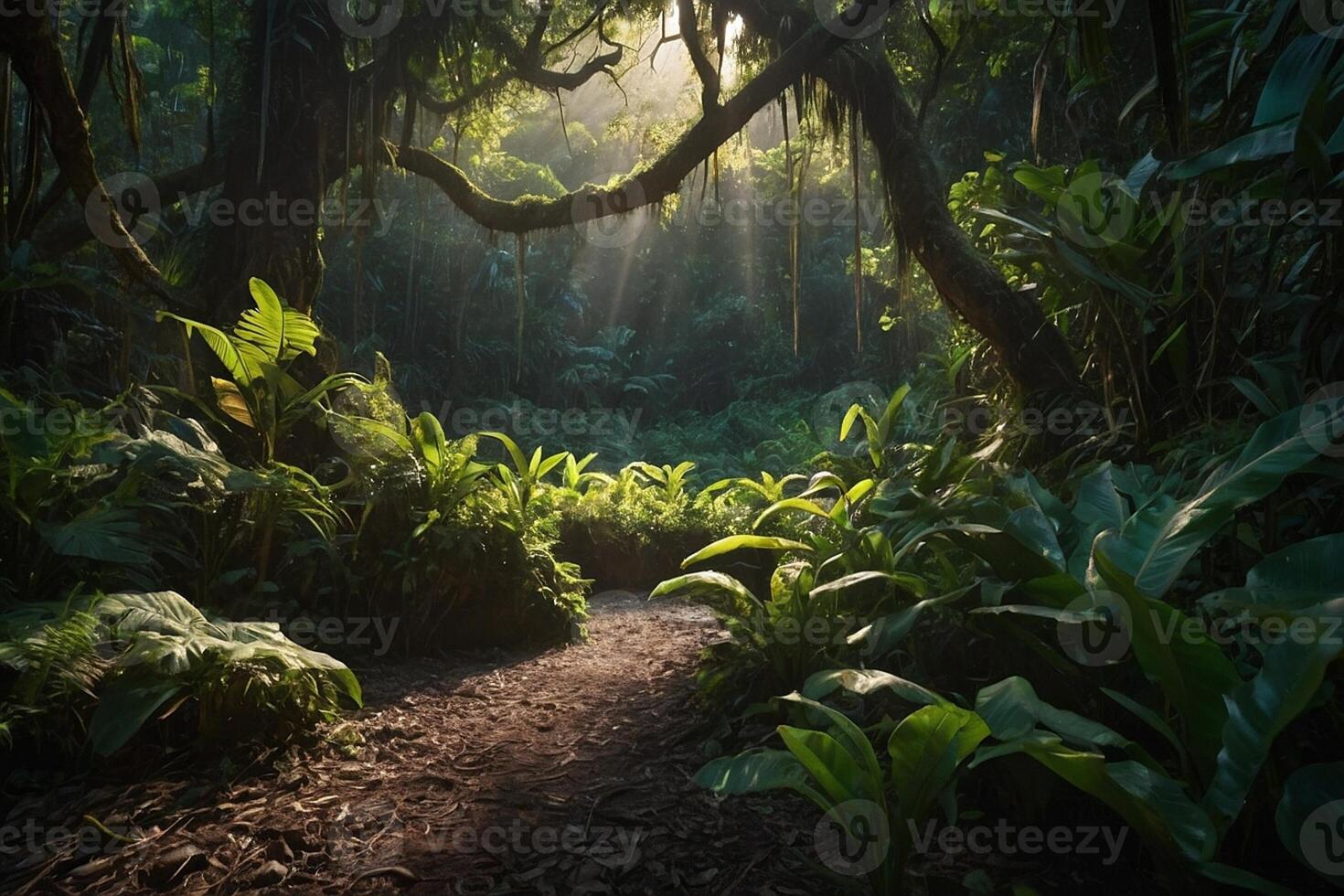 une chemin par le jungle avec lumière du soleil brillant par le des arbres photo