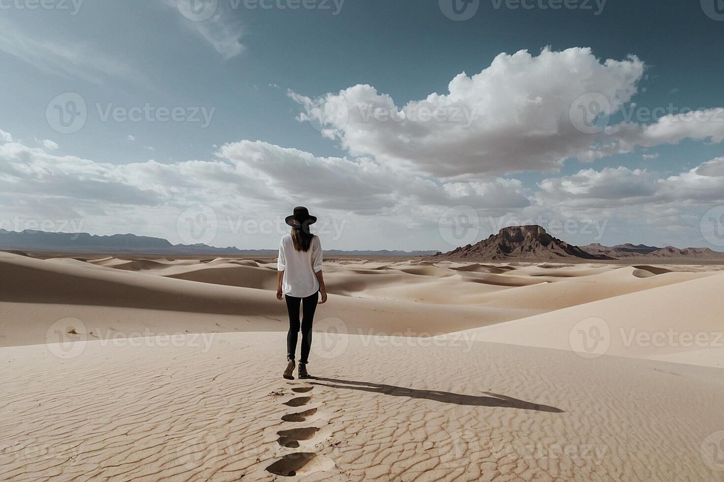 une femme permanent dans le désert avec empreintes photo