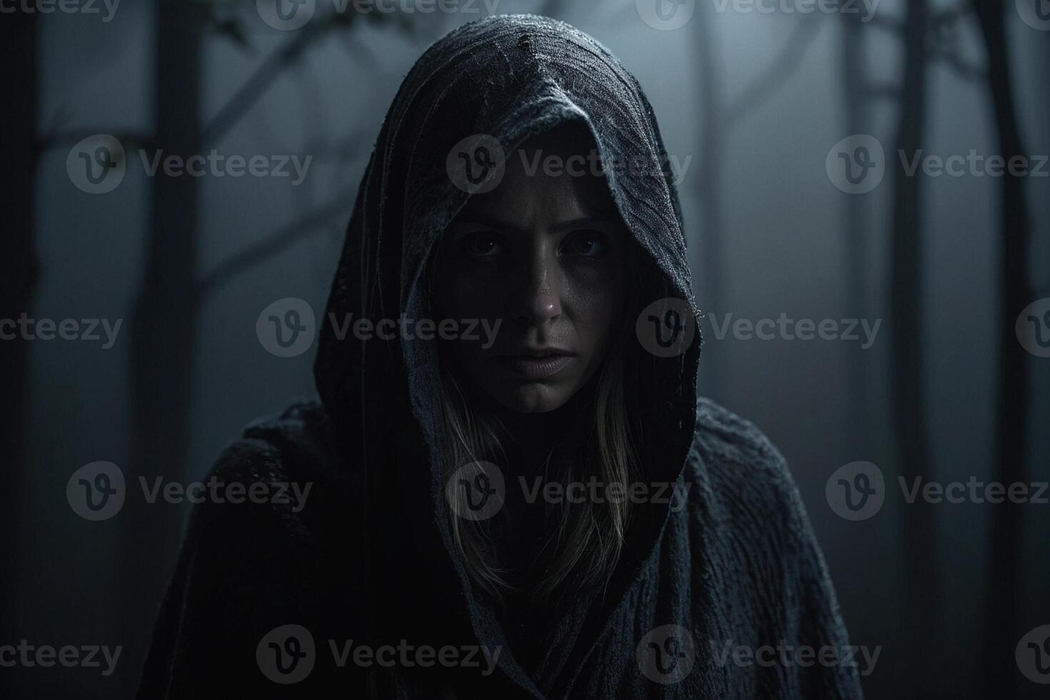 une femme dans une encapuchonné peignoir des stands dans le les bois photo