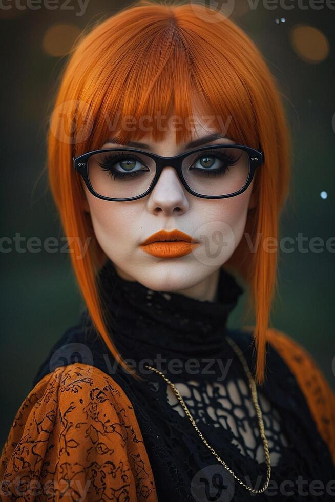une femme avec Orange cheveux et des lunettes photo