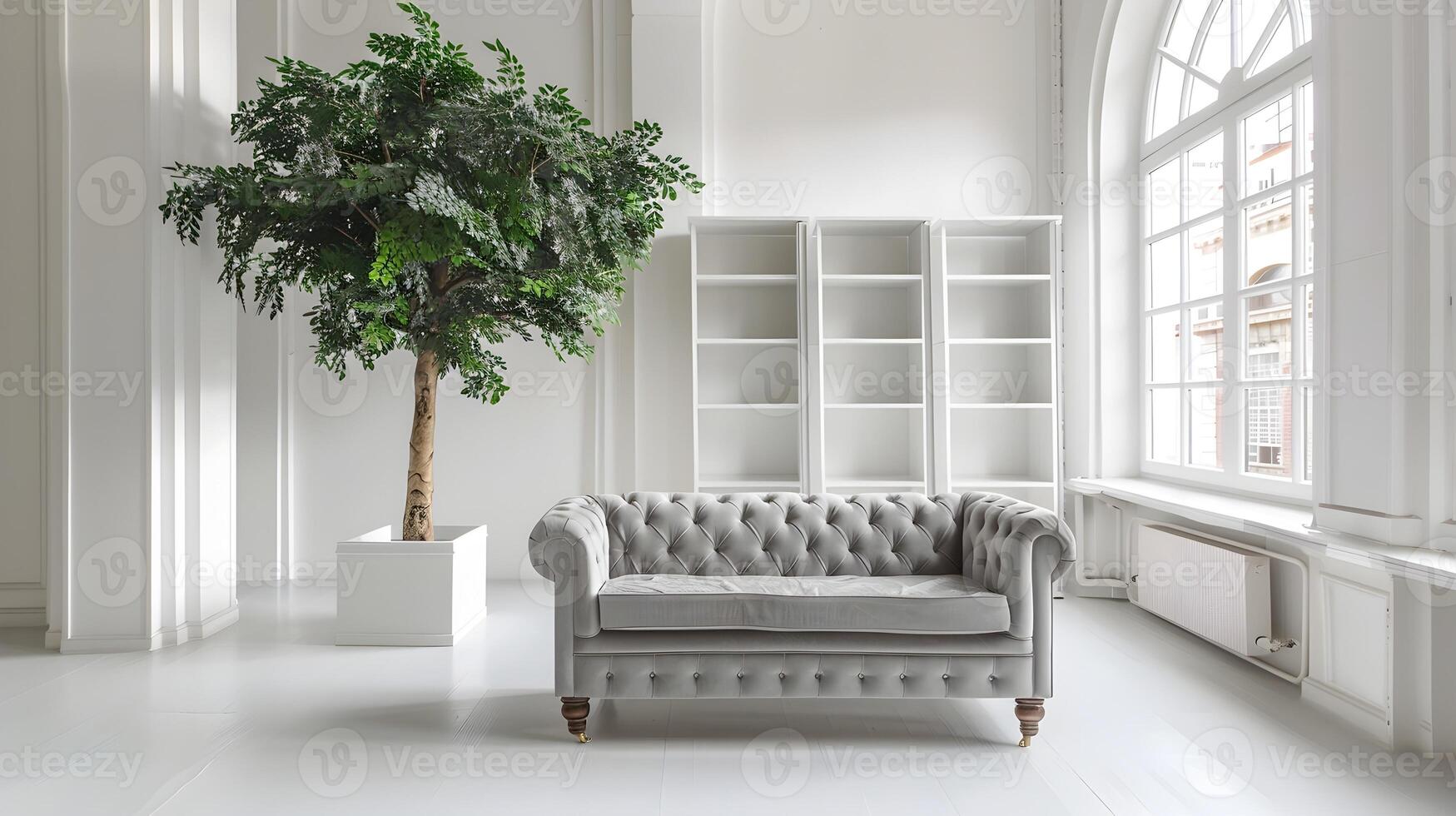 élégant et serein vivant pièce avec luxuriant botanique accents dans une lumineux, minimaliste intérieur conception photo