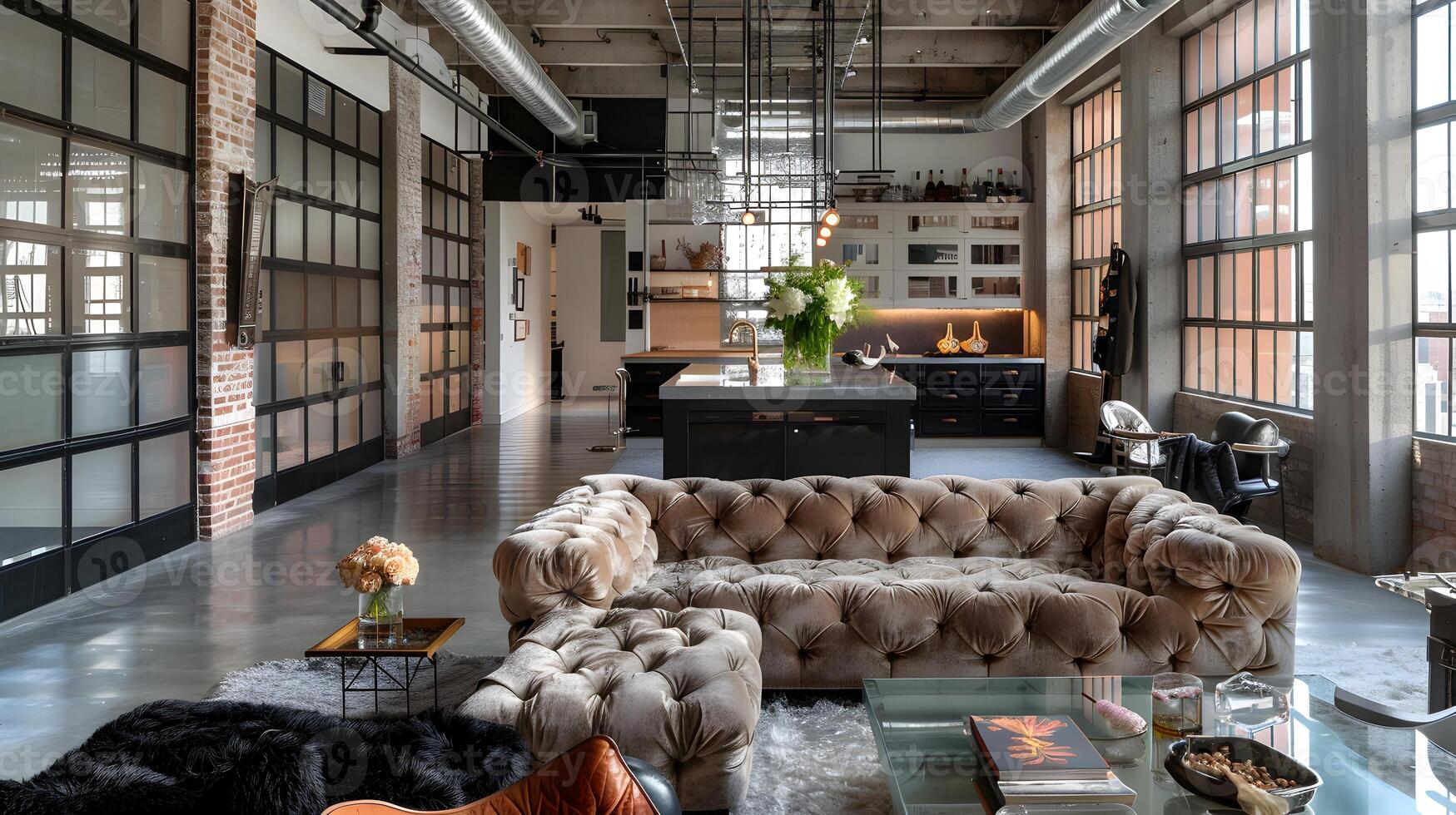 confortable style loft vivant pièce avec industriel-chic décor et huppé canapé dans rustique brique et béton espace photo