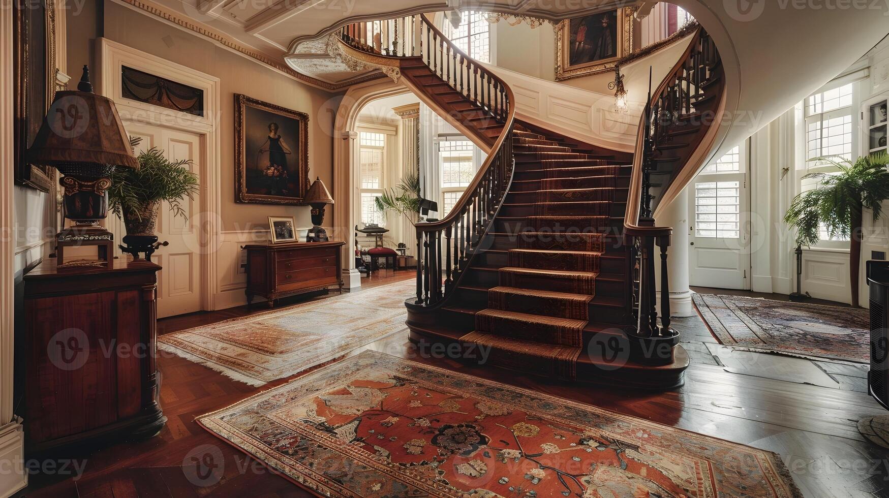 élégant et fleuri intérieur de une prestigieux historique Manoir avec grandiose escalier et luxueux ameublement photo