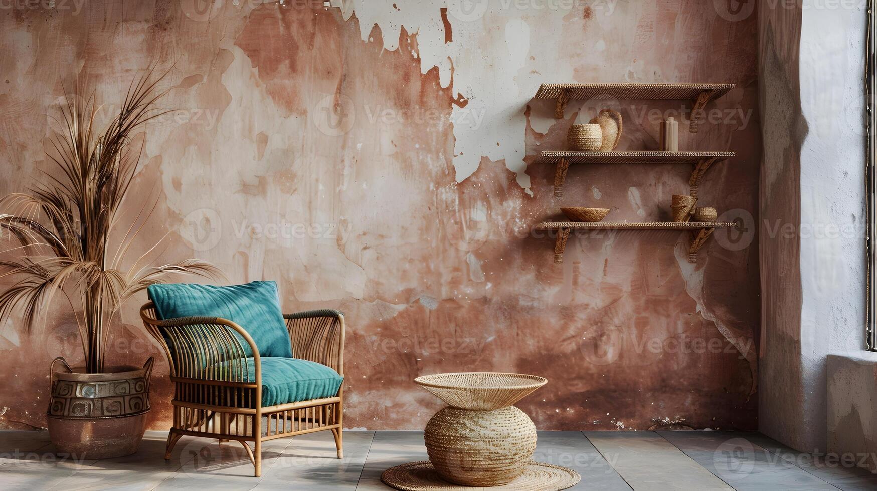 rustique rotin chaise avec confortable coussins dans charmant abandonné intérieur avec patiné des murs et Naturel décor éléments photo