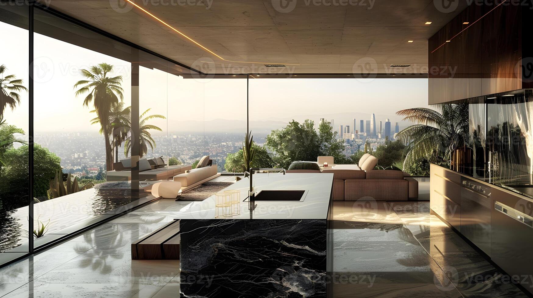 expansif luxe attique avec panoramique ville horizon vue et luxuriant tropical bassin terrasse photo