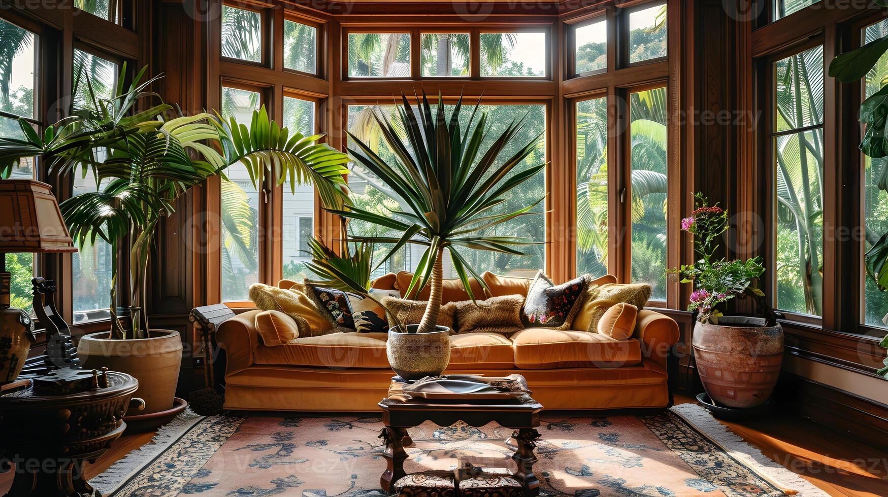 luxueux tropical véranda avec luxuriant feuillage et confortable ameublement photo