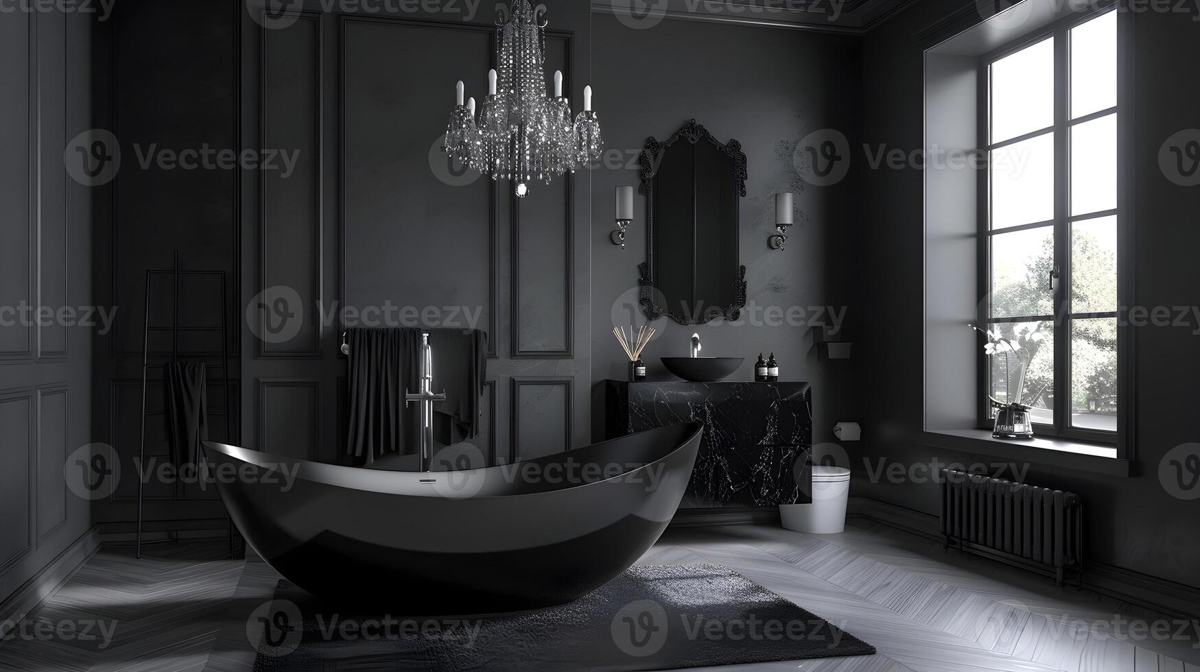 luxueux gothique salle de bains avec Sur pied baignoire et cristal lustre dans minimaliste Manoir photo