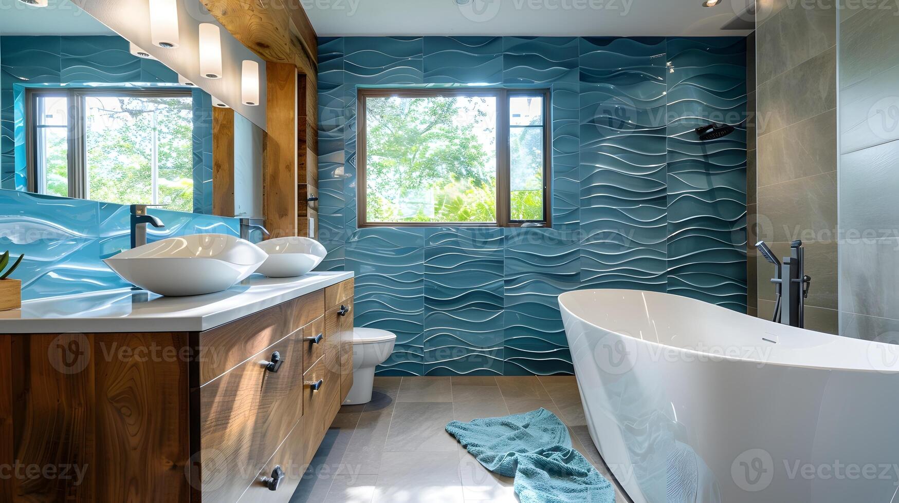 lumineux salle de bains avec à motifs de vagues bleu carrelage et moderne bois accents photo