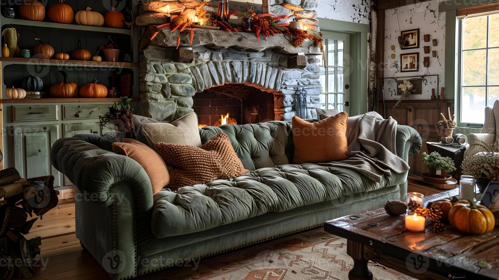 automnal vivant pièce avec olive vert chesterfield canapé orné dans rustique décor et héritage citrouilles photo