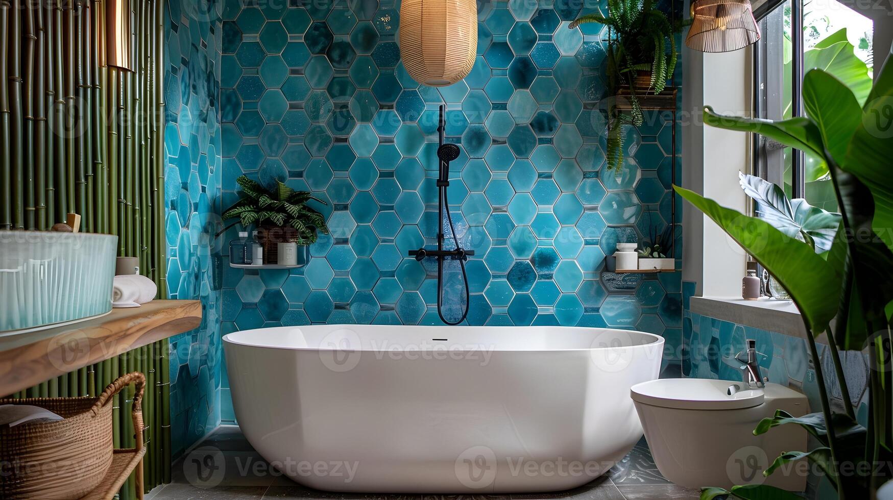 bleu nid d'abeille carrelage aéré salle de bains avec blanc agencements dans une tropical jardin maison photo