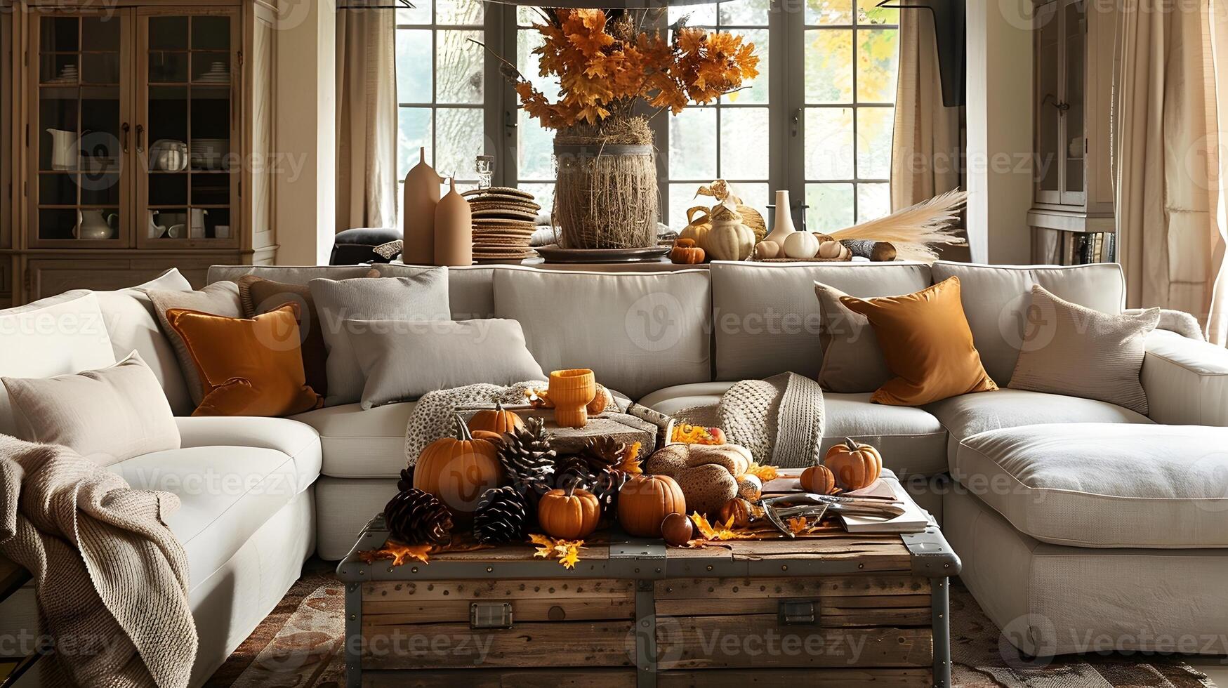 l'automne vivant pièce décor gris canapés orné avec chaud Orange oreillers et rustique en bois tronc café table orné avec tomber feuillage photo