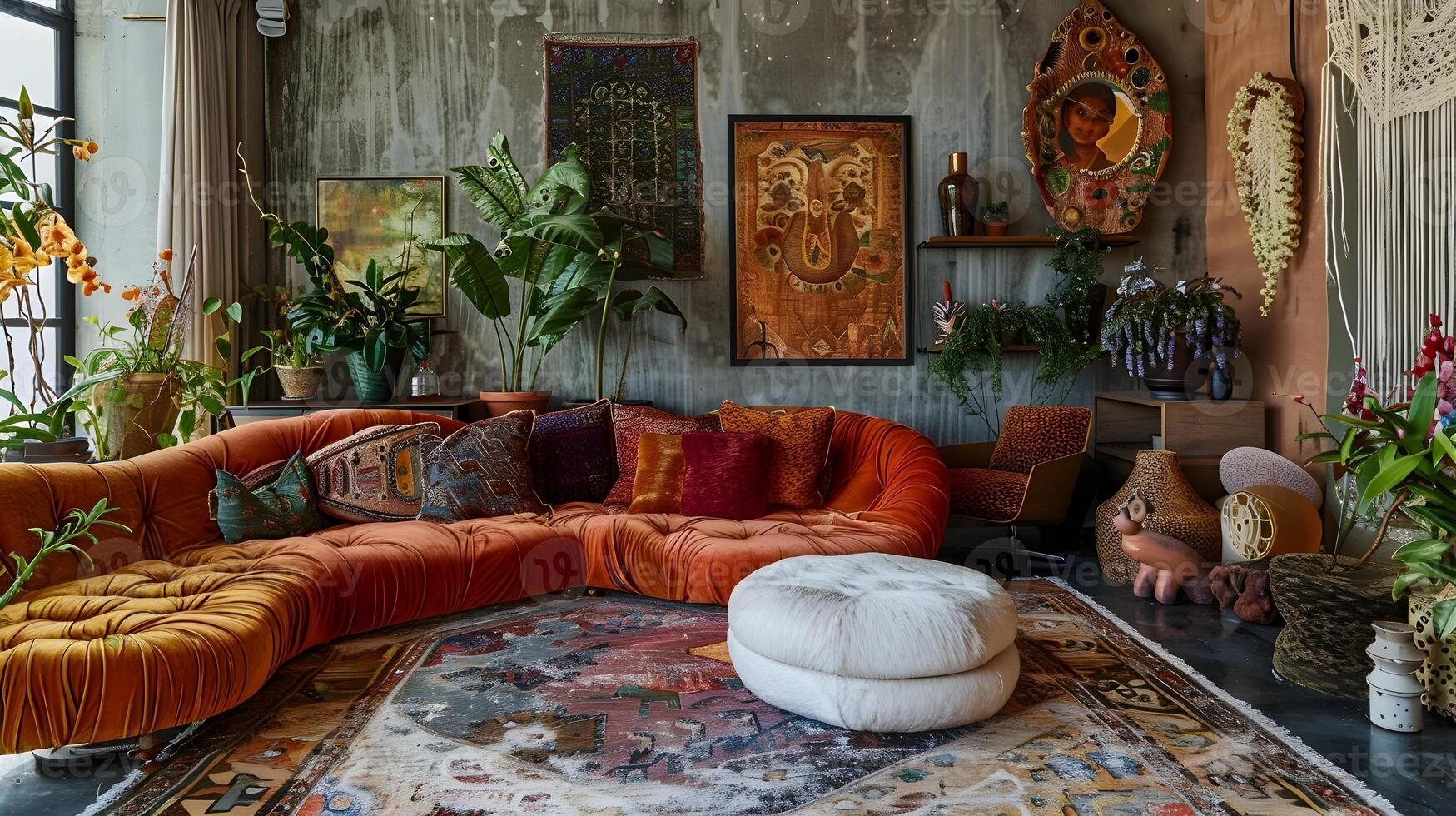 bohémien vivant pièce avec Orange velours canapé et éclectique décor, exsudant confort et style photo