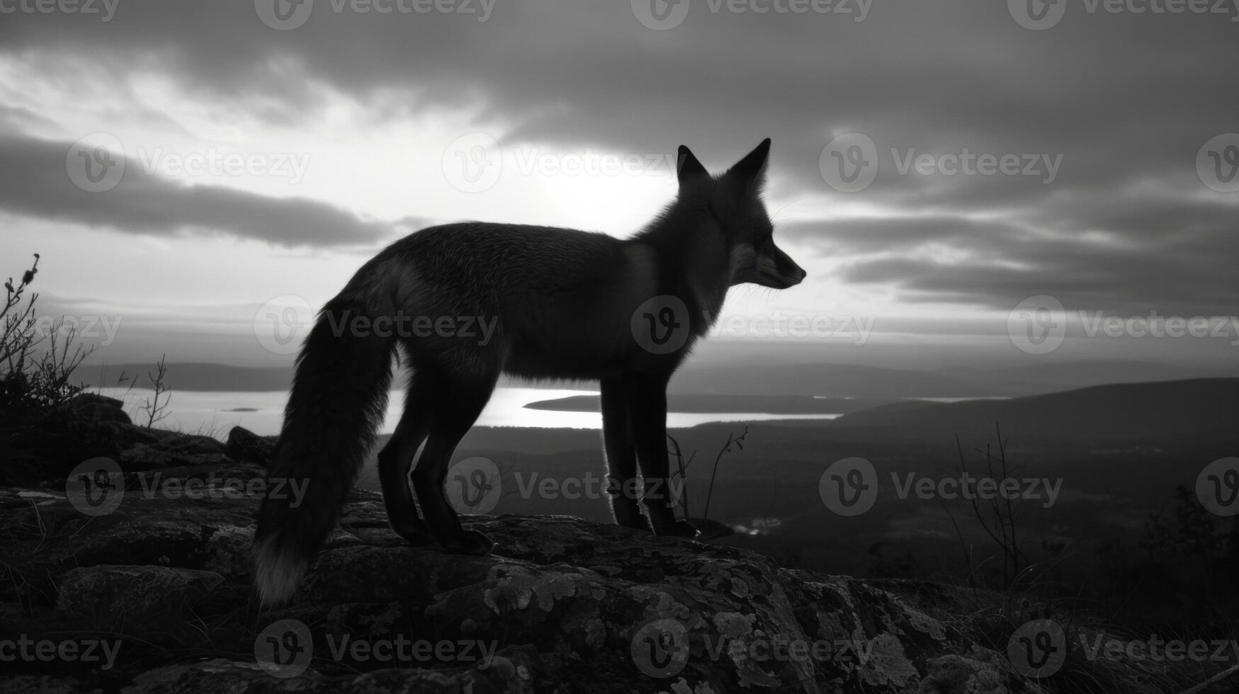 une noir et blanc la photographie de une Renard dans le sauvage photo