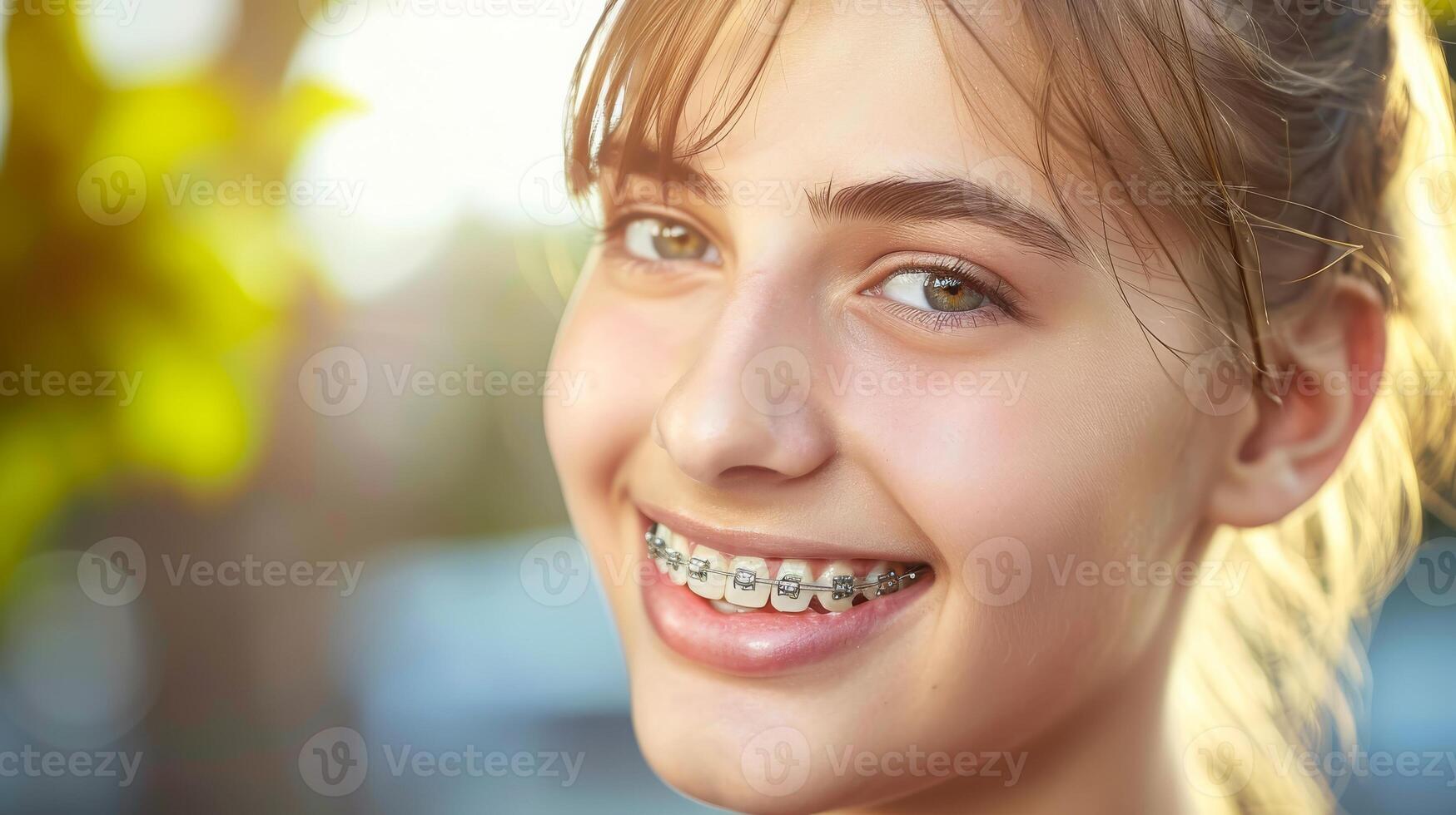 un appareil dentaire sur les dents magnifique rouge lèvres et blanc les dents avec métal croisillons. une les filles sourire. photo