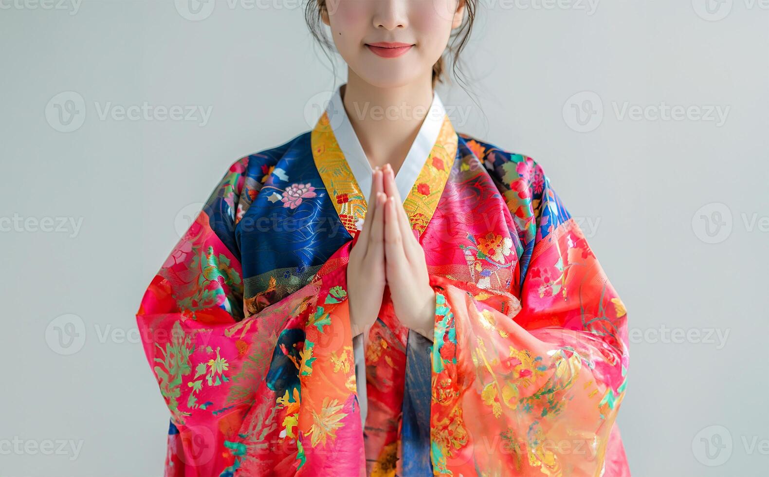 femme dans traditionnel robe, mains ensemble, blanc toile de fond photo