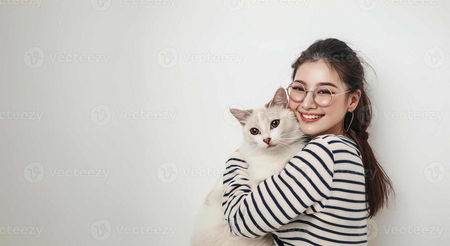 portant des lunettes femme, animal de compagnie embrasser, rayé tenue photo