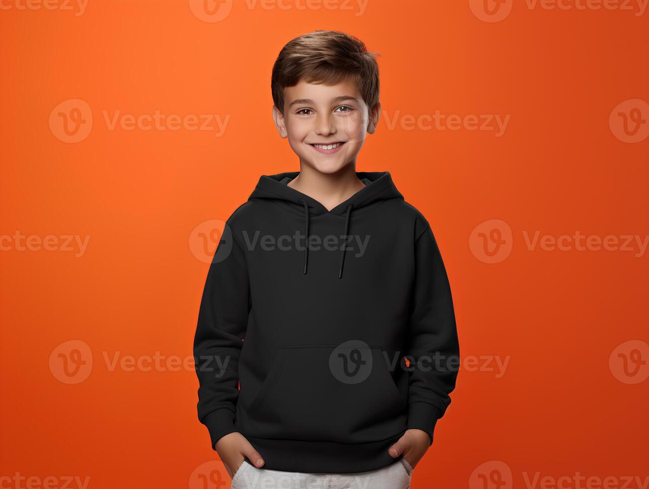 une Jeune garçon porter blanc t chemise maquette sur Orange nettoyer Contexte photo