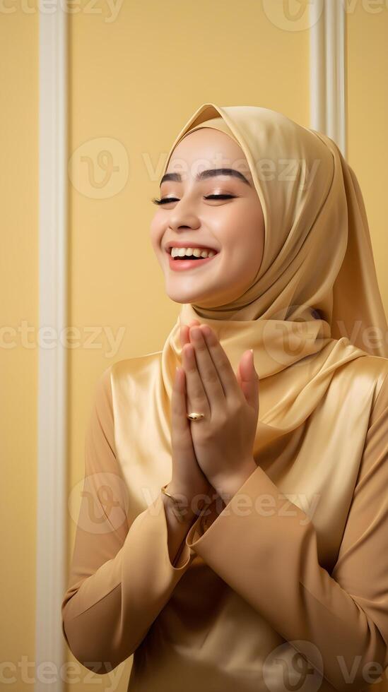 sud-est asiatique femme portant écharpe est prier et souriant sur marron Contexte photo