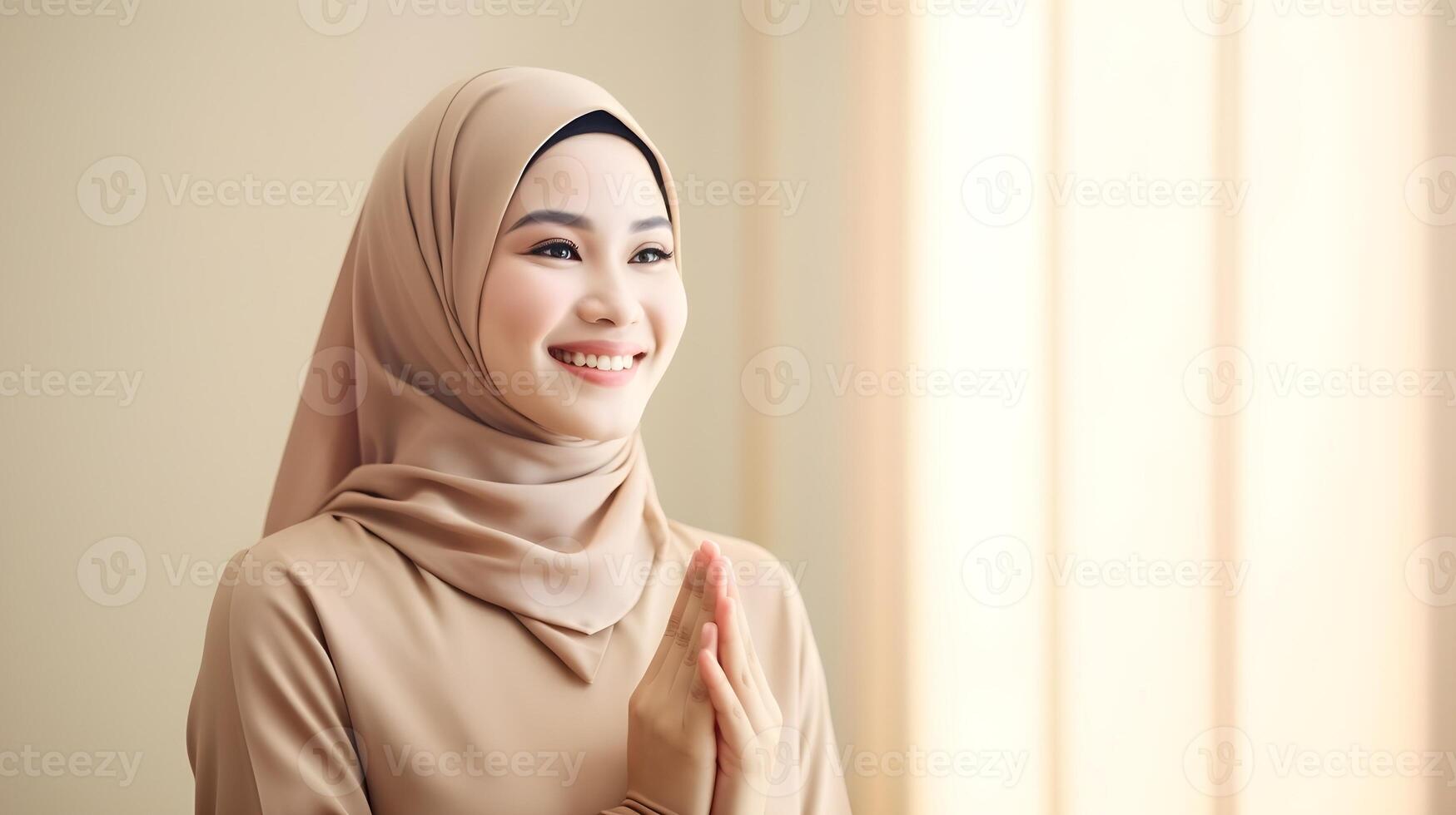 sud-est asiatique femme portant écharpe est prier et souriant sur marron Contexte photo