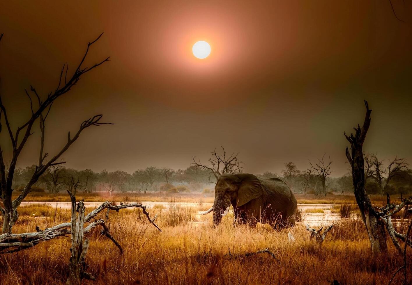 un l'éléphant est en marchant par une champ avec l'eau photo