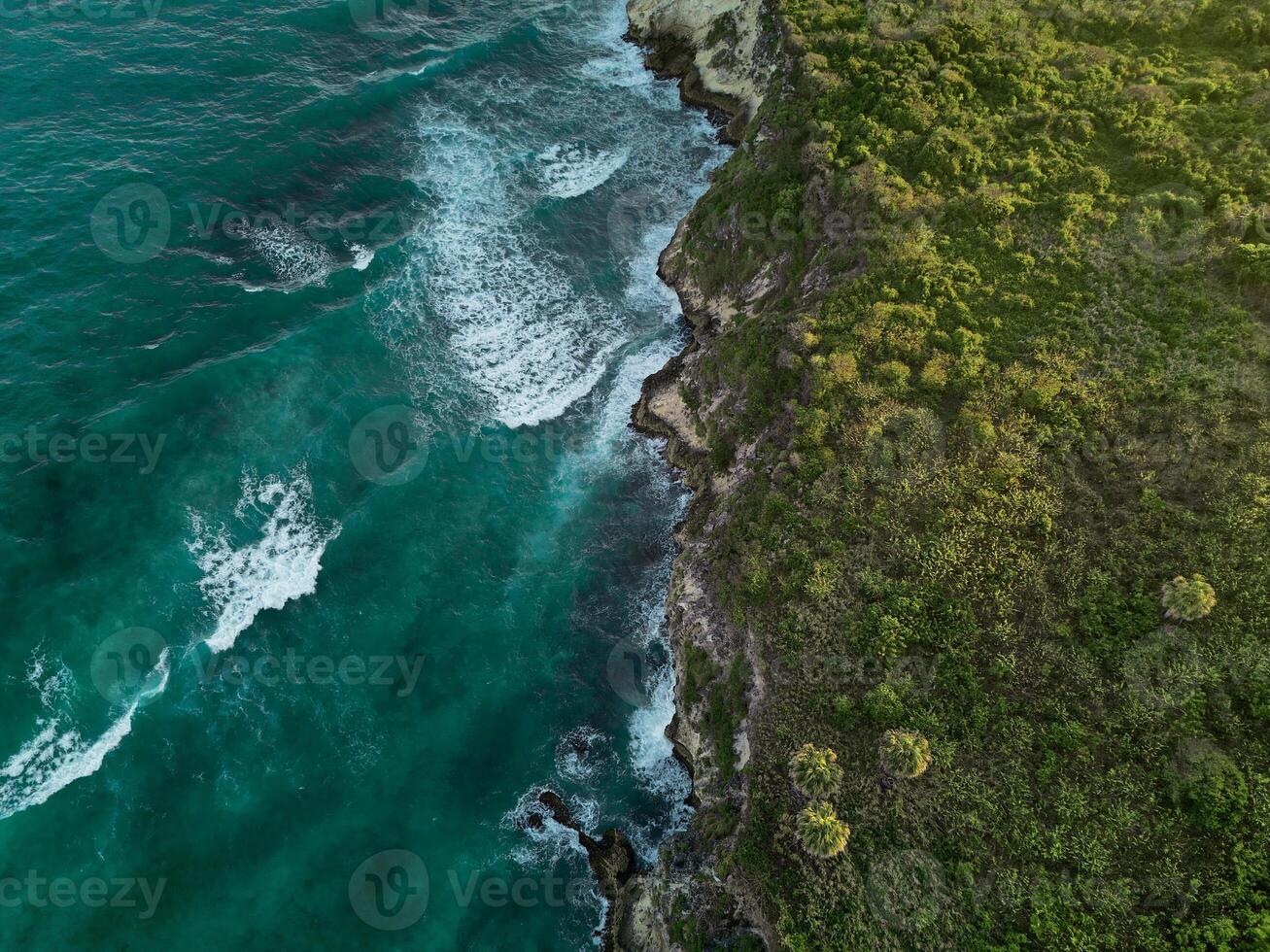 aérien. foncé turquoise l'eau avec blanc mousseux vagues et vert rocheux rive photo