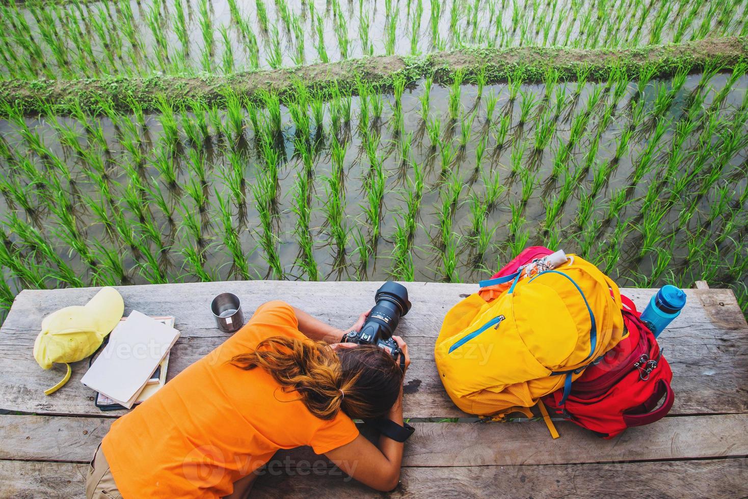 femme asiatique voyage nature. voyage se détendre. marcher prendre une photo sur le terrain. en été.