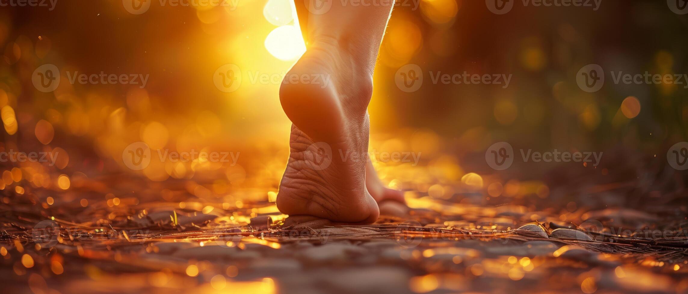 art de pieds en marchant sur le chemin de vie, concept de chaleur et relaxation, comme le du soleil des rayons éclairer le personne pied photo