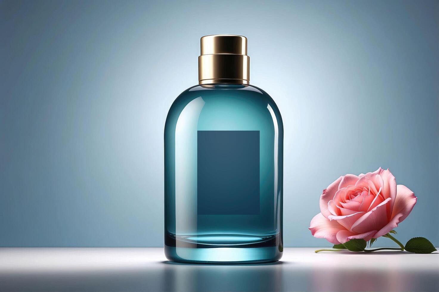 lisse bleu verre parfum bouteille avec d'or casquette et rose Rose - élégant fragrance emballage maquette pour luxueux l'image de marque et commercialisation photo