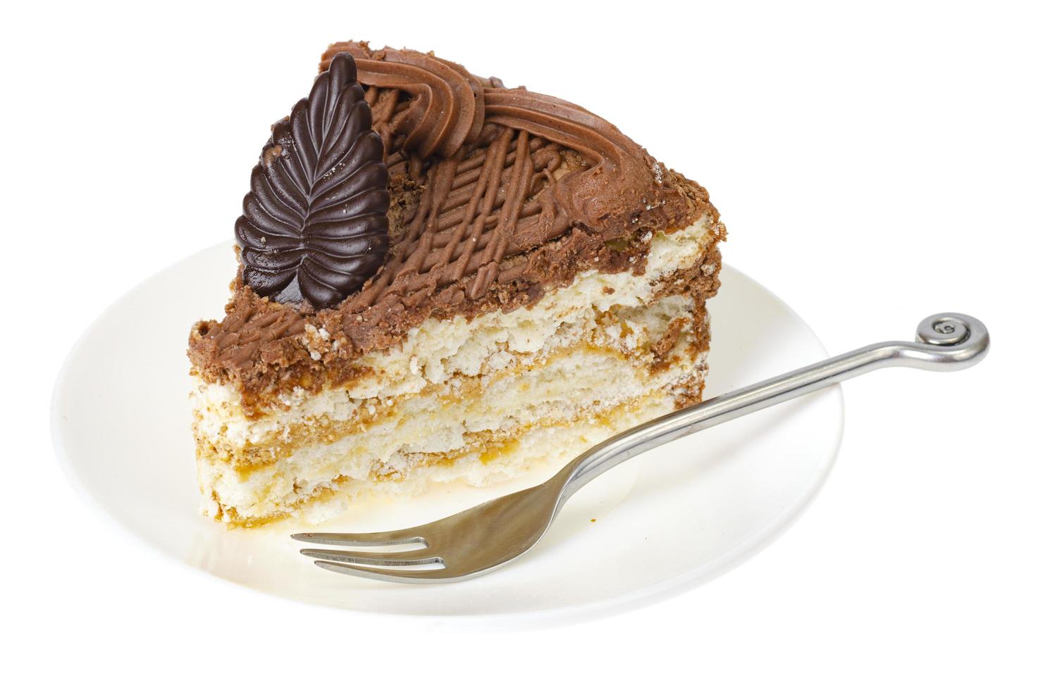 assiette avec portion de délicieux gâteau fait maison décoré de chocolat sur fond blanc. studio photo