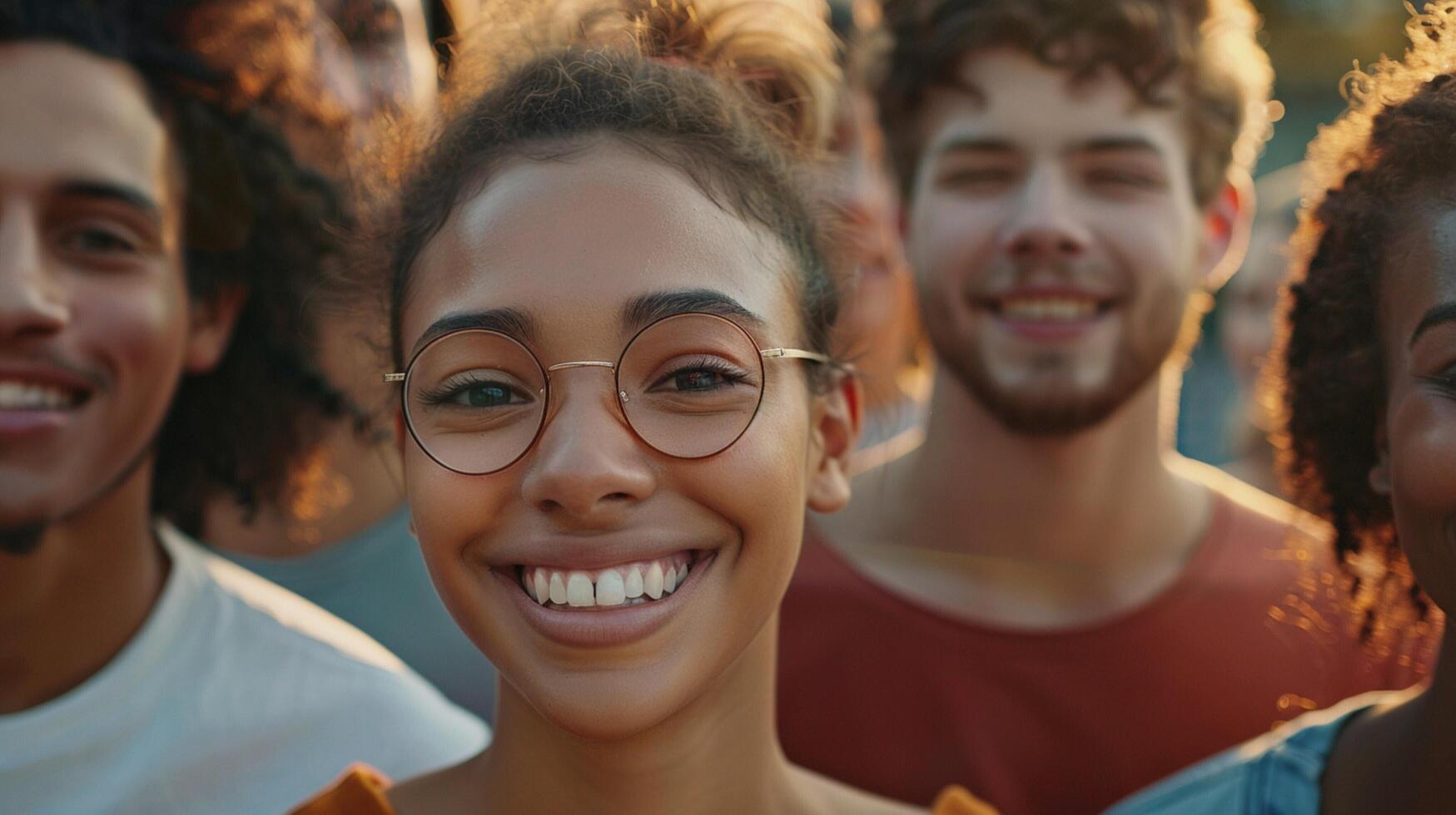 une diverse groupe de Jeune adultes souriant à la recherche photo