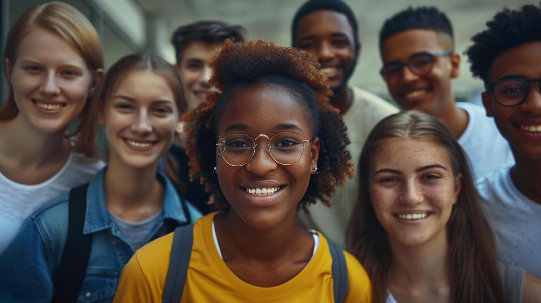 une diverse groupe de Jeune adultes souriant à la recherche photo