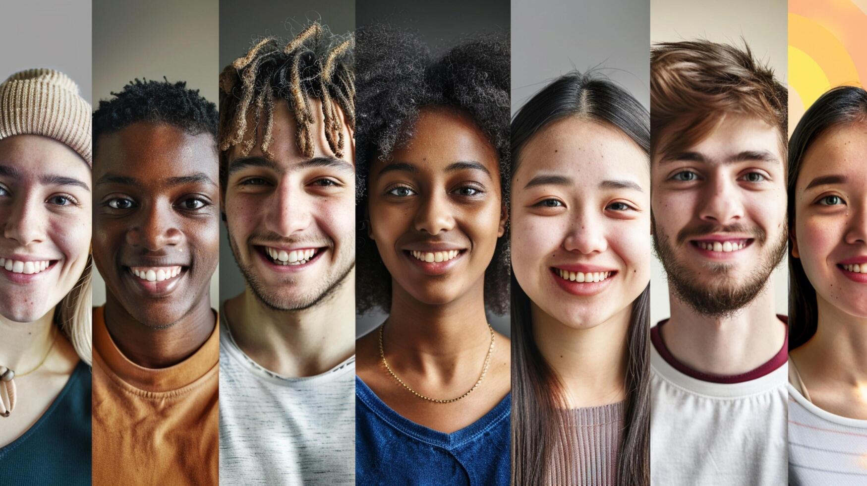 une diverse groupe de Jeune adultes souriant à la recherche photo