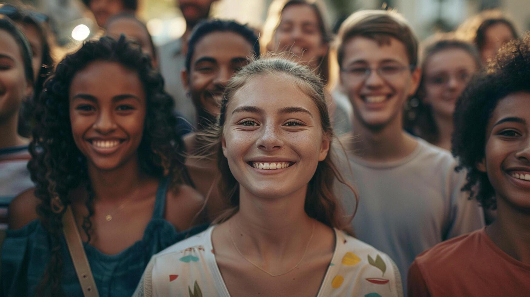 une diverse groupe de Jeune adultes souriant à la recherche photo