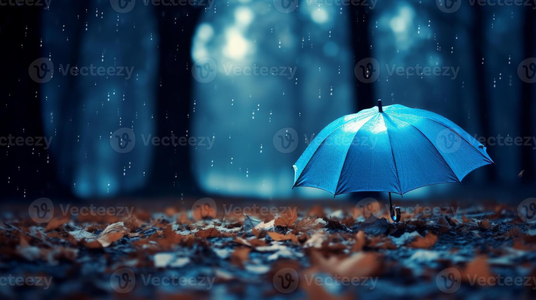 bleu parapluie dans le l'automne forêt. neural réseau photo