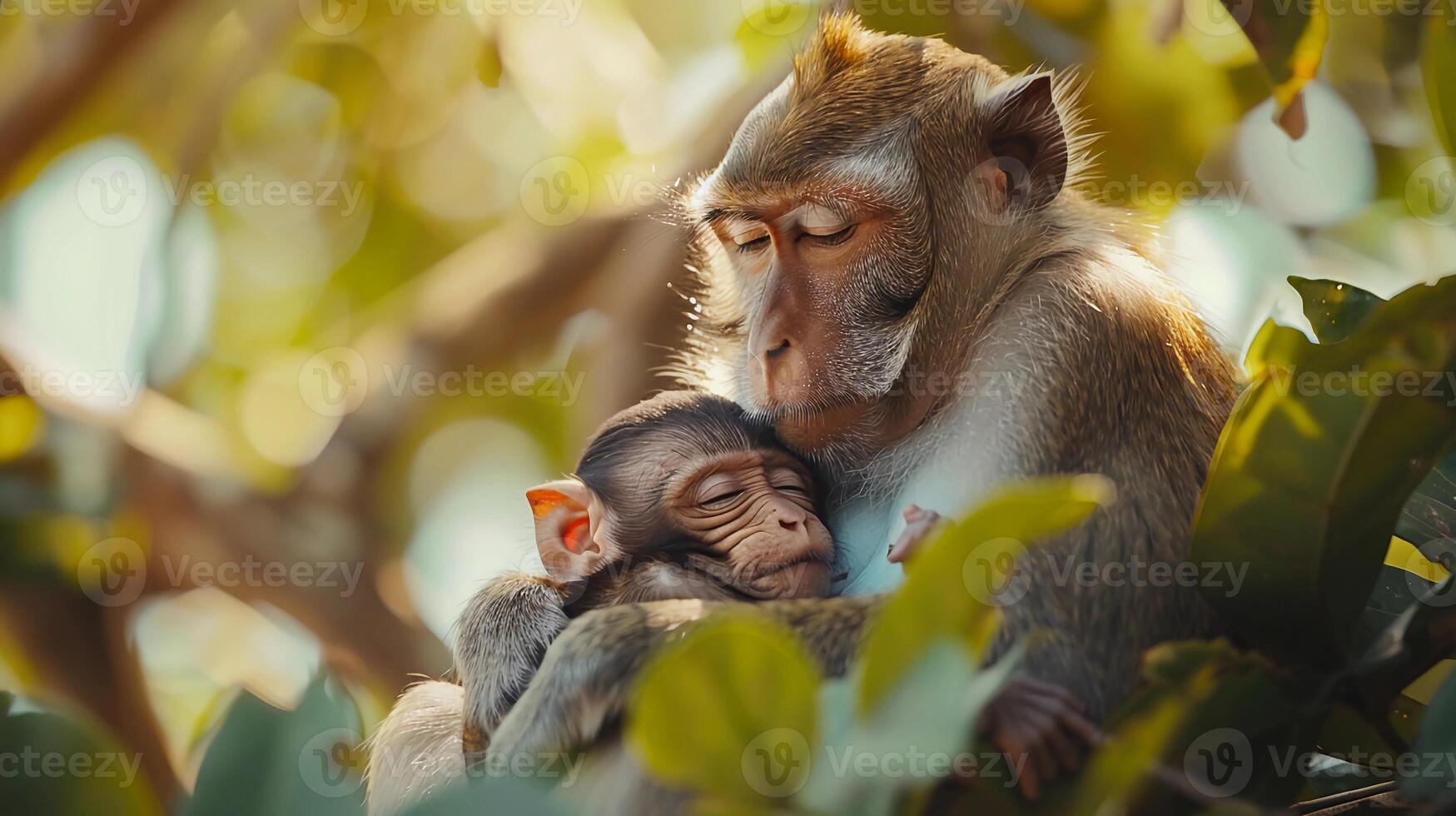 mère singe berceau en train de dormir bébé dans sa bras. maternel se soucier, de la mère journée bannière photo