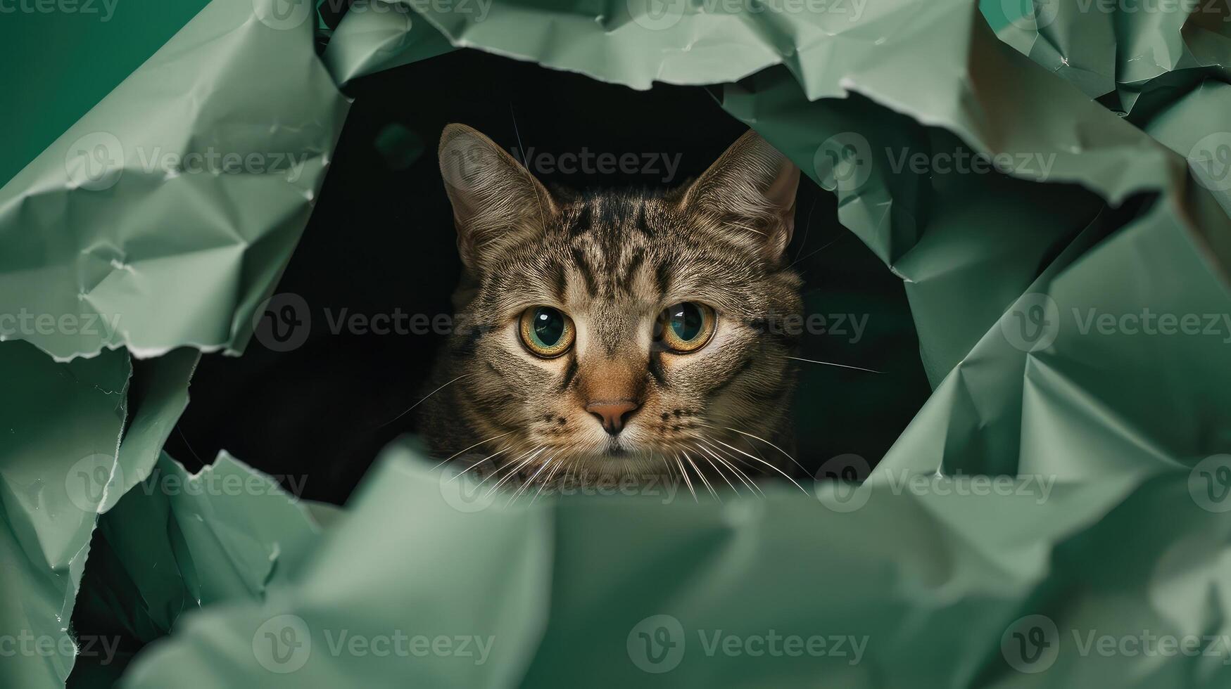 chat dans trou de vert papier, peu tigré chat avoir en dehors par le artisanat arrière-plan, marrant animal de compagnie. photo