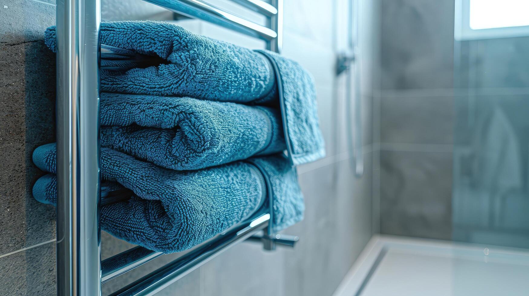 chauffé rail avec bleu les serviettes dans salle de bains avec copie espace. moderne chauffé serviette rail sur mur dans une serein salle de bains paramètre. photo