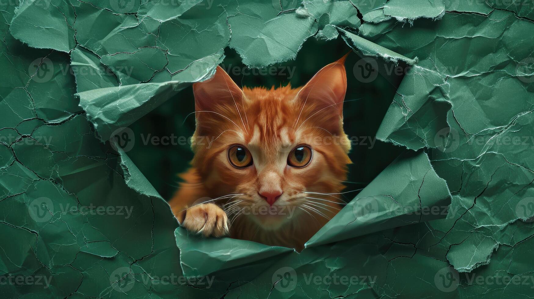 pensif gingembre chat dans trou de vert papier, peu tigré chat avoir en dehors par le artisanat arrière-plan, marrant animal de compagnie. photo