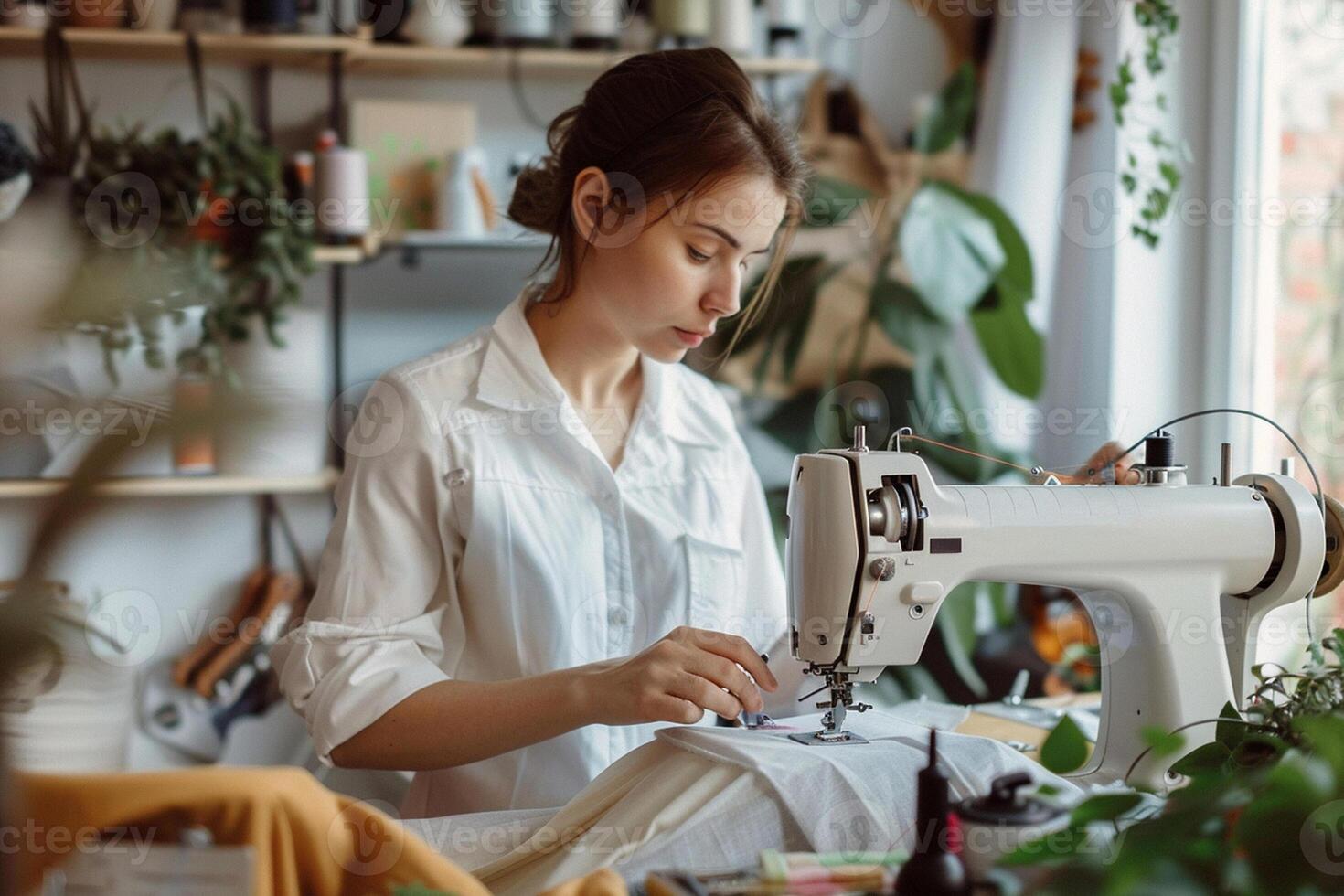 femme couture sur une moderne couture machine dans une tailleur studio. photo