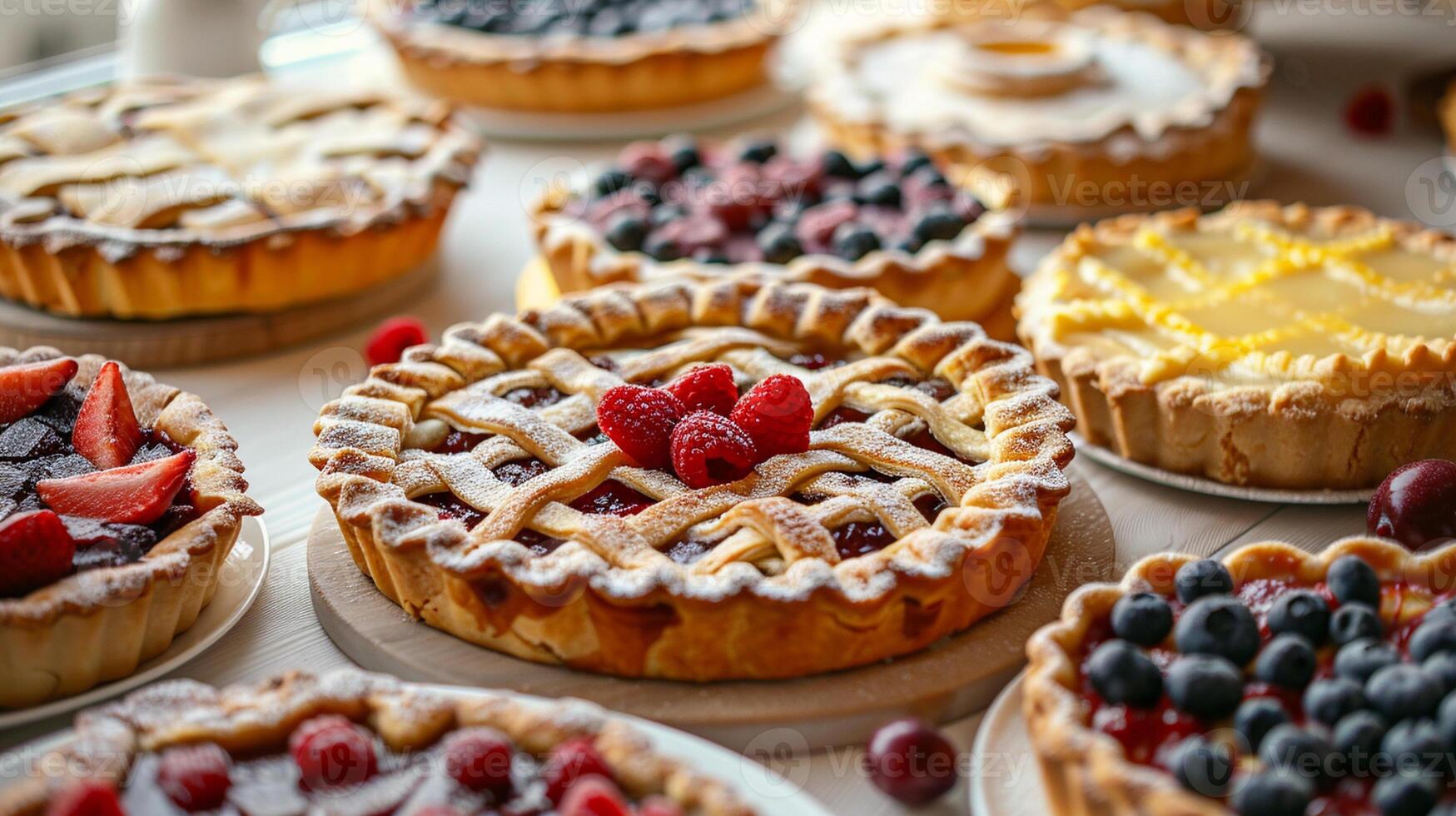 assortiments de savoureux tartes avec différent des fruits sur une lumière en bois table dans boulangerie. photo